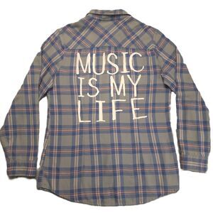 Hot Topic Womens XL   Shirt "Music Is My Life" Plaid Long Sleeve Button Up
